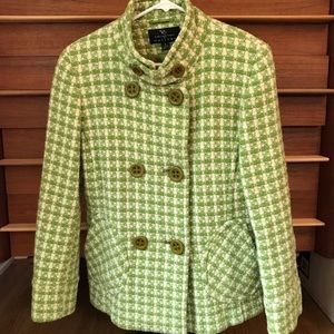 Green and light cream standing collar, double breasted, wool blend coat.